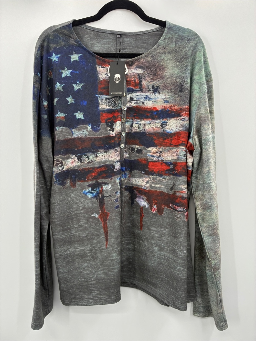 Jelly Buddy Long-Sleeve Flag Graphic Tee - Gray with Red & Blueprint size: 2X